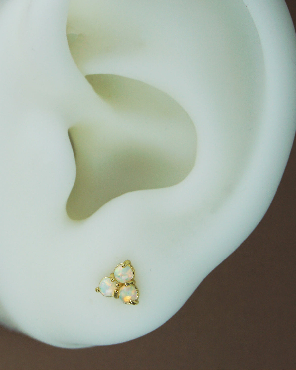 Pair of Brass Fire Opal Trinity Stud Earrings in Gold Finish, Dainty Earlobe Jewelry