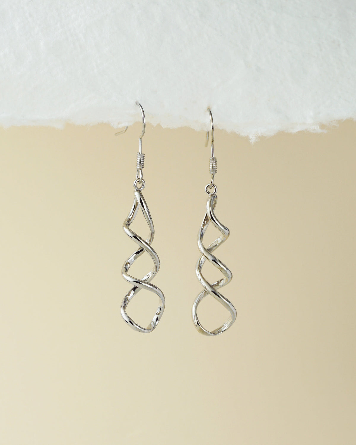 Pair of Brass Spiral Hook Wire Earrings in Silver Finish, Dangly Earlobe Jewelry