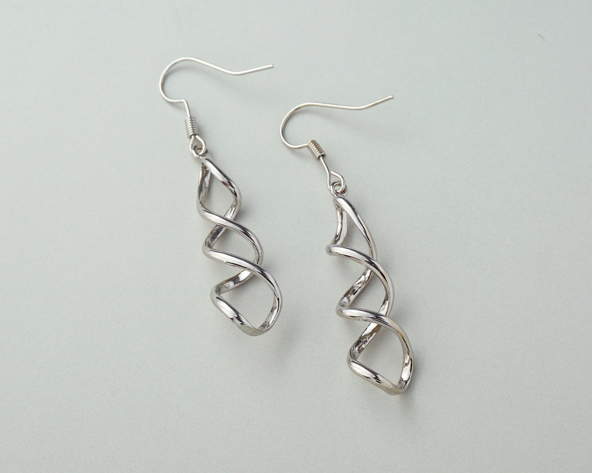 Pair of Brass Spiral Hook Wire Earrings in Silver Finish, Dangly Earlobe Jewelry