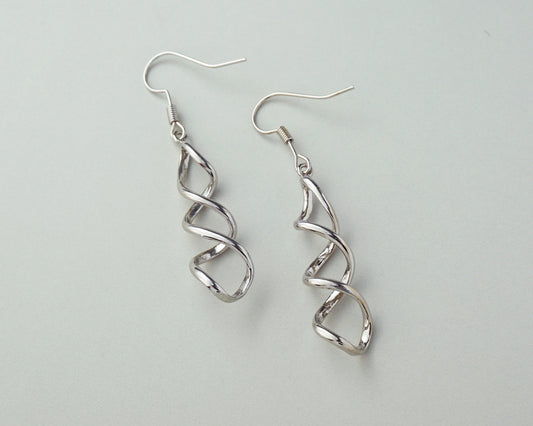 Pair of Brass Spiral Hook Wire Earrings in Silver Finish, Dangly Earlobe Jewelry