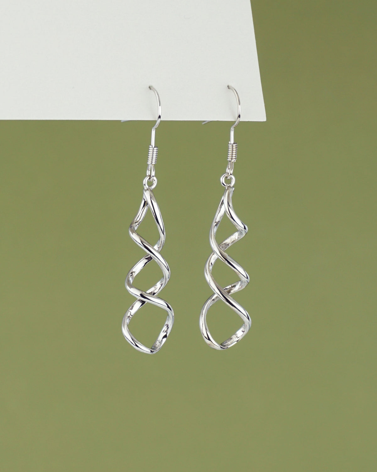 Pair of Brass Spiral Hook Wire Earrings in Silver Finish, Dangly Earlobe Jewelry