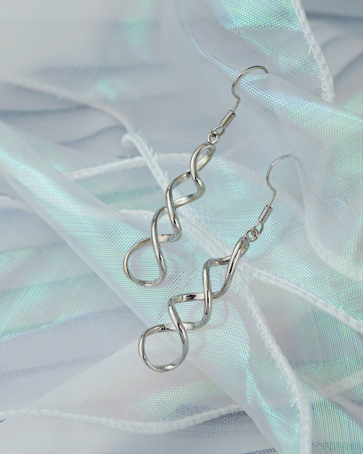 Pair of Brass Spiral Hook Wire Earrings in Silver Finish, Dangly Earlobe Jewelry