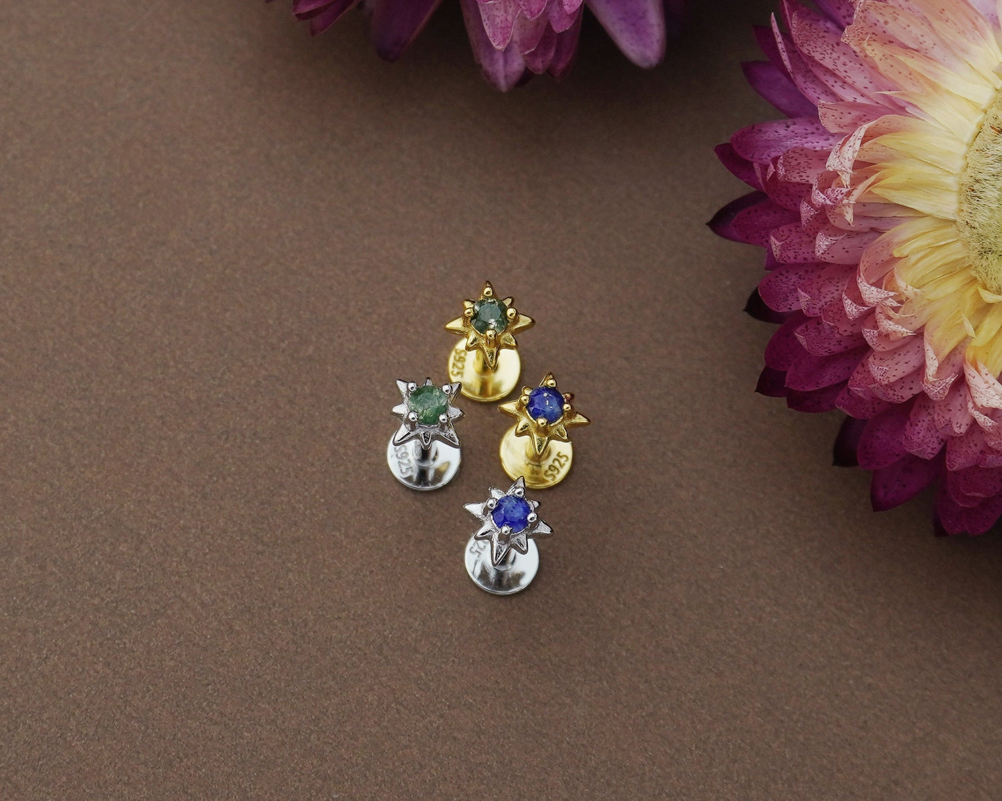 1 pc of Natural Green Moss Agate Starburst Sterling Silver Stud Earring in Rhodium or 18ct Gold Plated