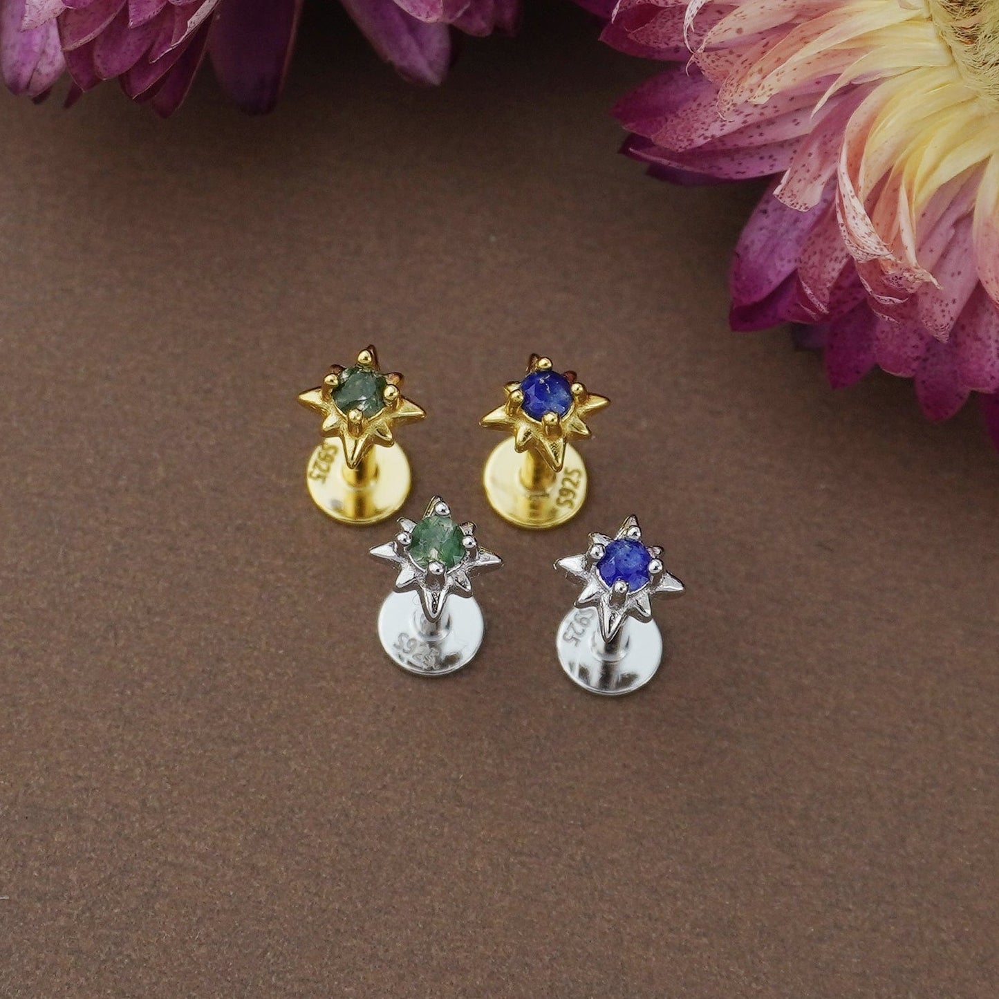 1 pc of Natural Lapis Lazuli Starburst Sterling Silver Stud Earring in Rhodium or 18ct Gold Plated