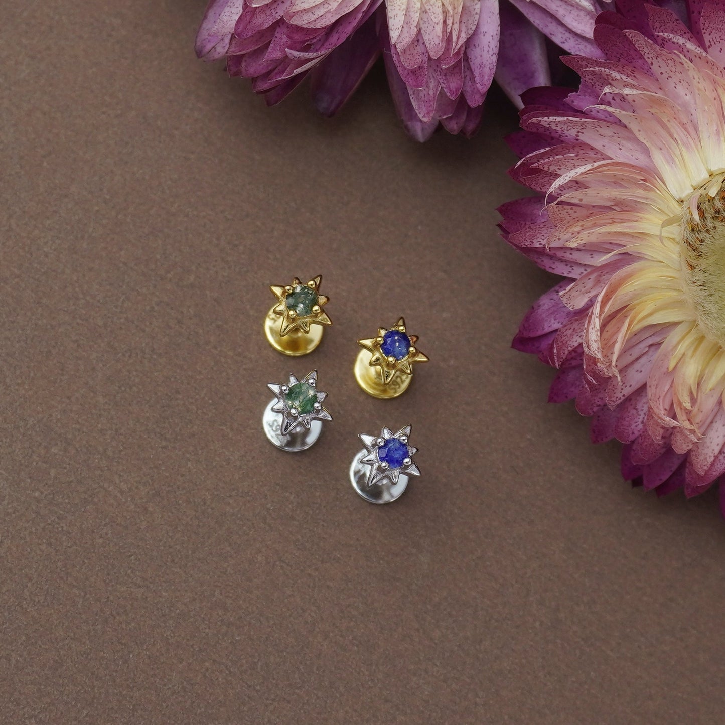 1 pc of Natural Lapis Lazuli Starburst Sterling Silver Stud Earring in Rhodium or 18ct Gold Plated