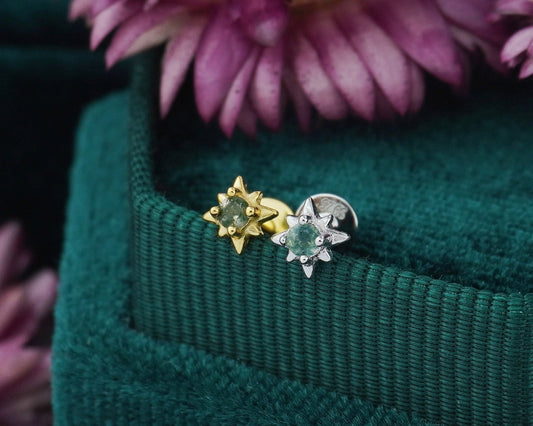 1 pc of Natural Green Moss Agate Starburst Sterling Silver Stud Earring in Rhodium or 18ct Gold Plated