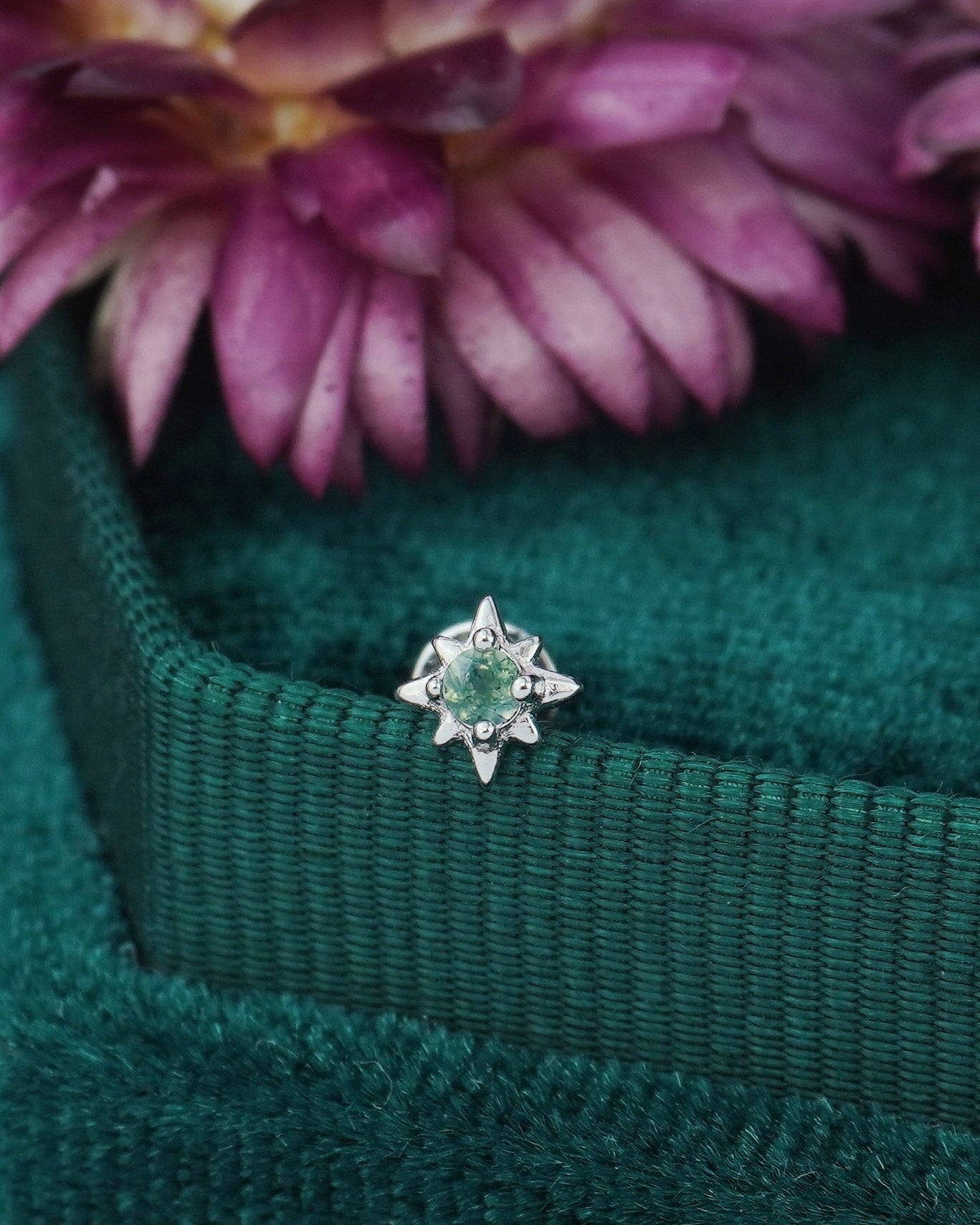 1 pc of Natural Green Moss Agate Starburst Sterling Silver Stud Earring in Rhodium or 18ct Gold Plated