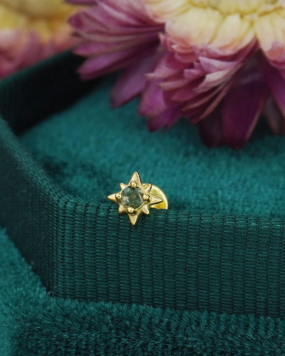 1 pc of Natural Green Moss Agate Starburst Sterling Silver Stud Earring in Rhodium or 18ct Gold Plated