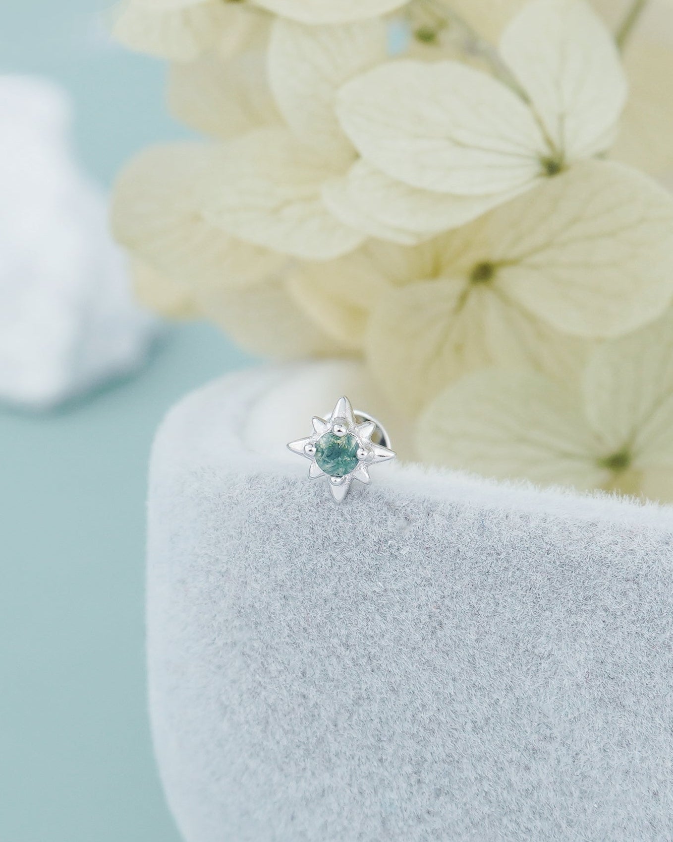 1 pc of Natural Green Moss Agate Starburst Sterling Silver Stud Earring in Rhodium or 18ct Gold Plated