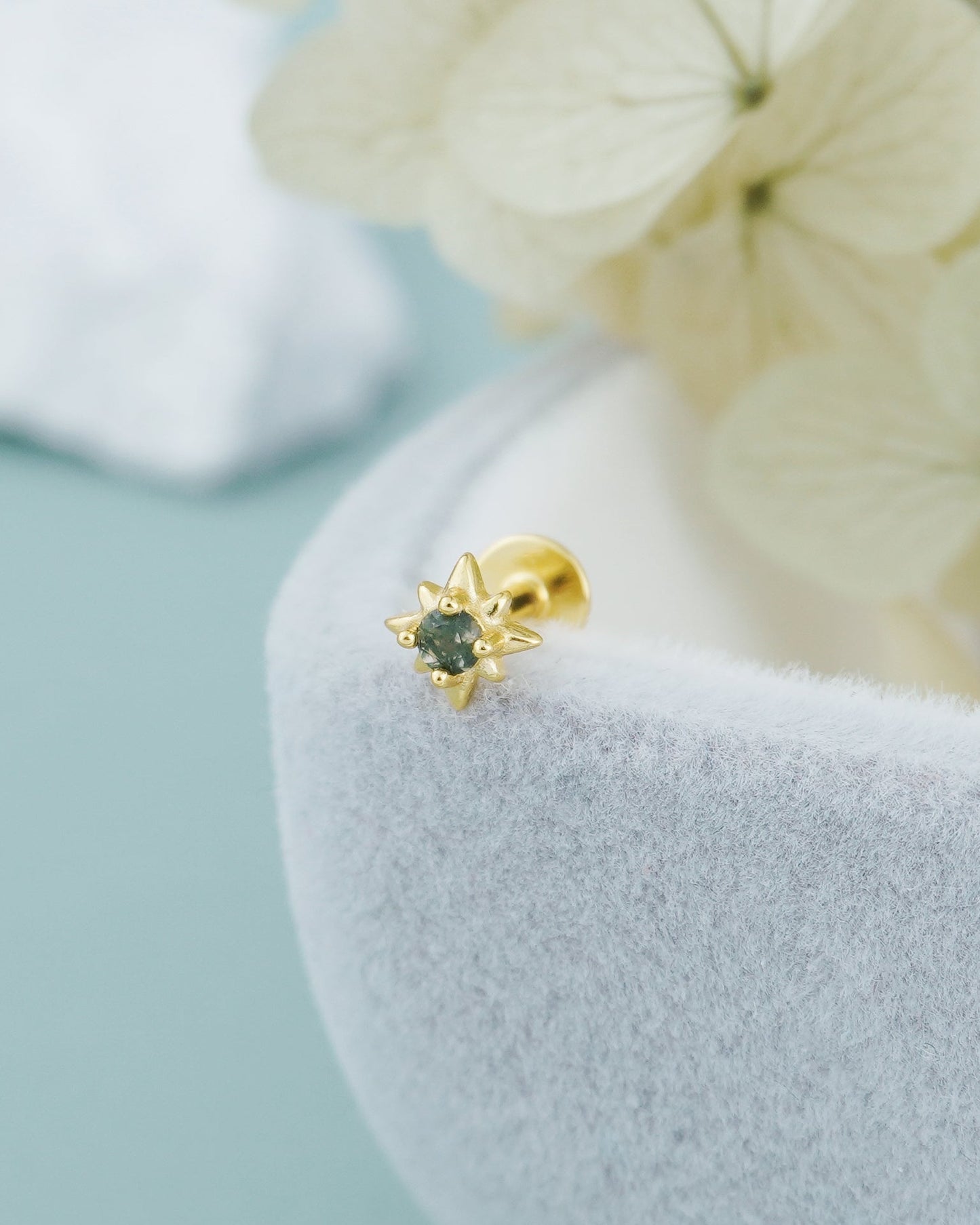 1 pc of Natural Green Moss Agate Starburst Sterling Silver Stud Earring in Rhodium or 18ct Gold Plated