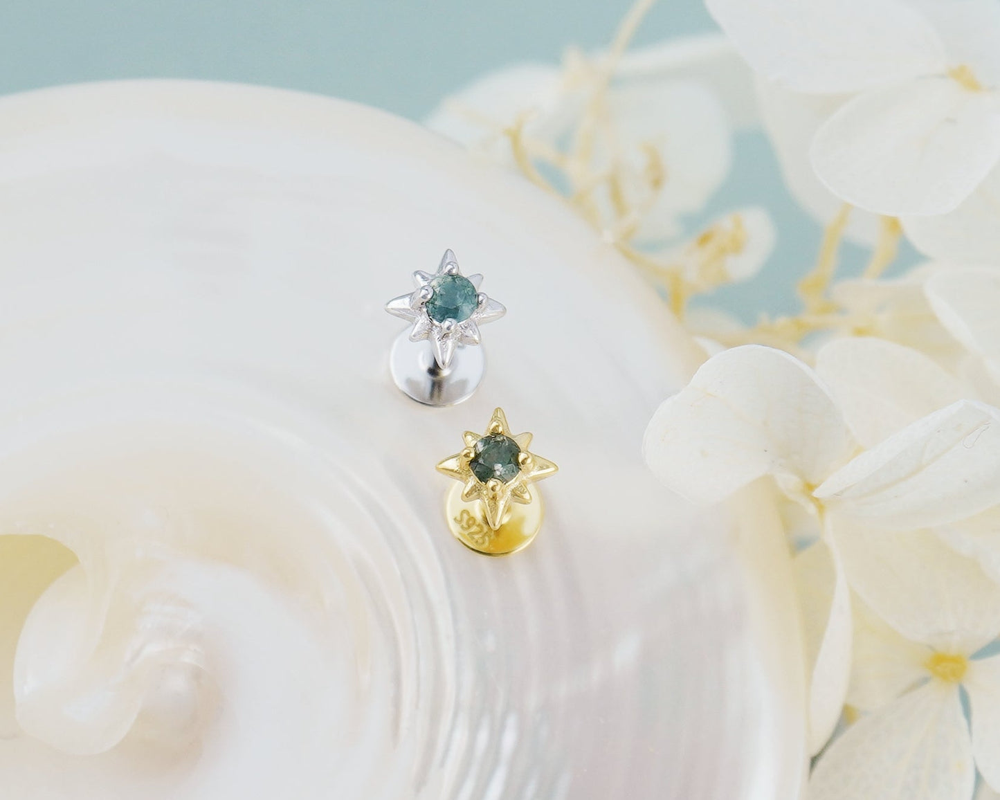 1 pc of Natural Green Moss Agate Starburst Sterling Silver Stud Earring in Rhodium or 18ct Gold Plated