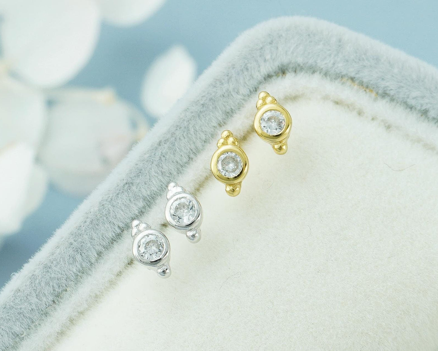 Pair of VERY TINY Sterling Silver CZ Bezel Stud Earrings in Rhodium or 18ct Gold Plated