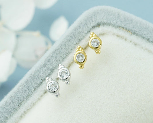 Pair of VERY TINY Sterling Silver CZ Bezel Stud Earrings in Rhodium or 18ct Gold Plated