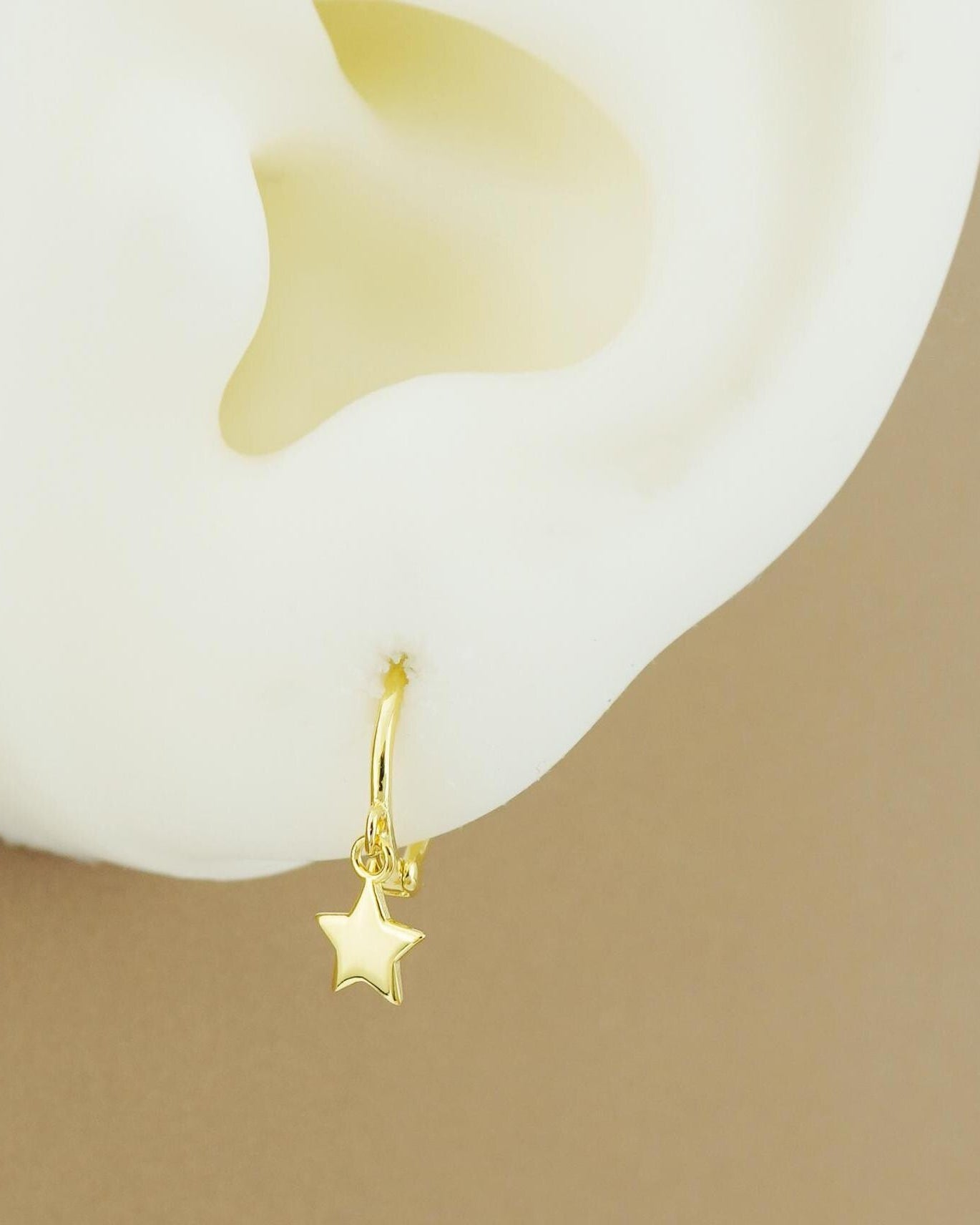 Pair of Tiny Sterling Silver Dangly Star Huggie Hoop Earrings in Rhodium, Gold or Rose Gold Plated, Dainty Stacking Jewelry