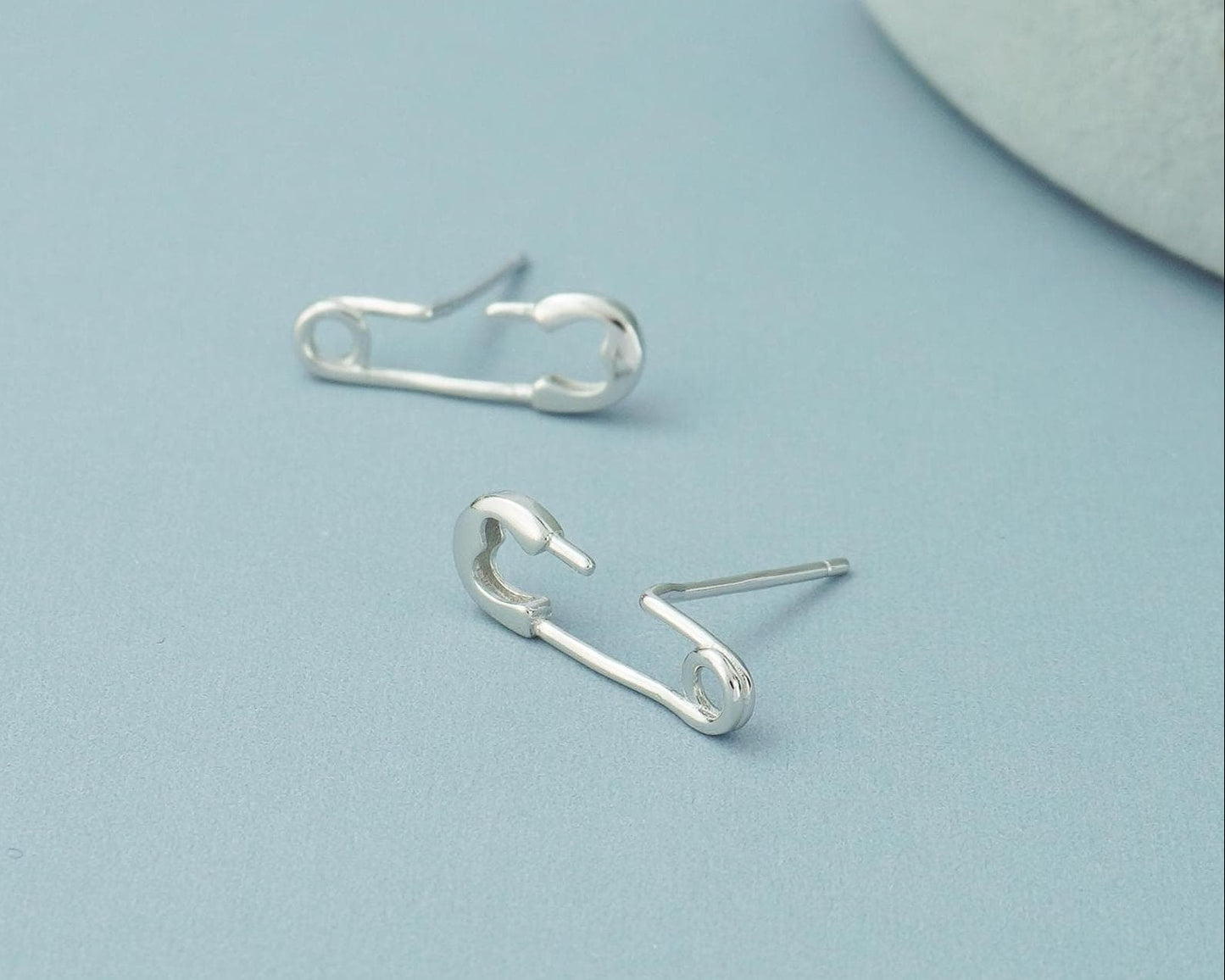 Pair of Safety Pin Stud Earrings in Sterling Silver, Novelty Quirky Punk Rock Jewellery