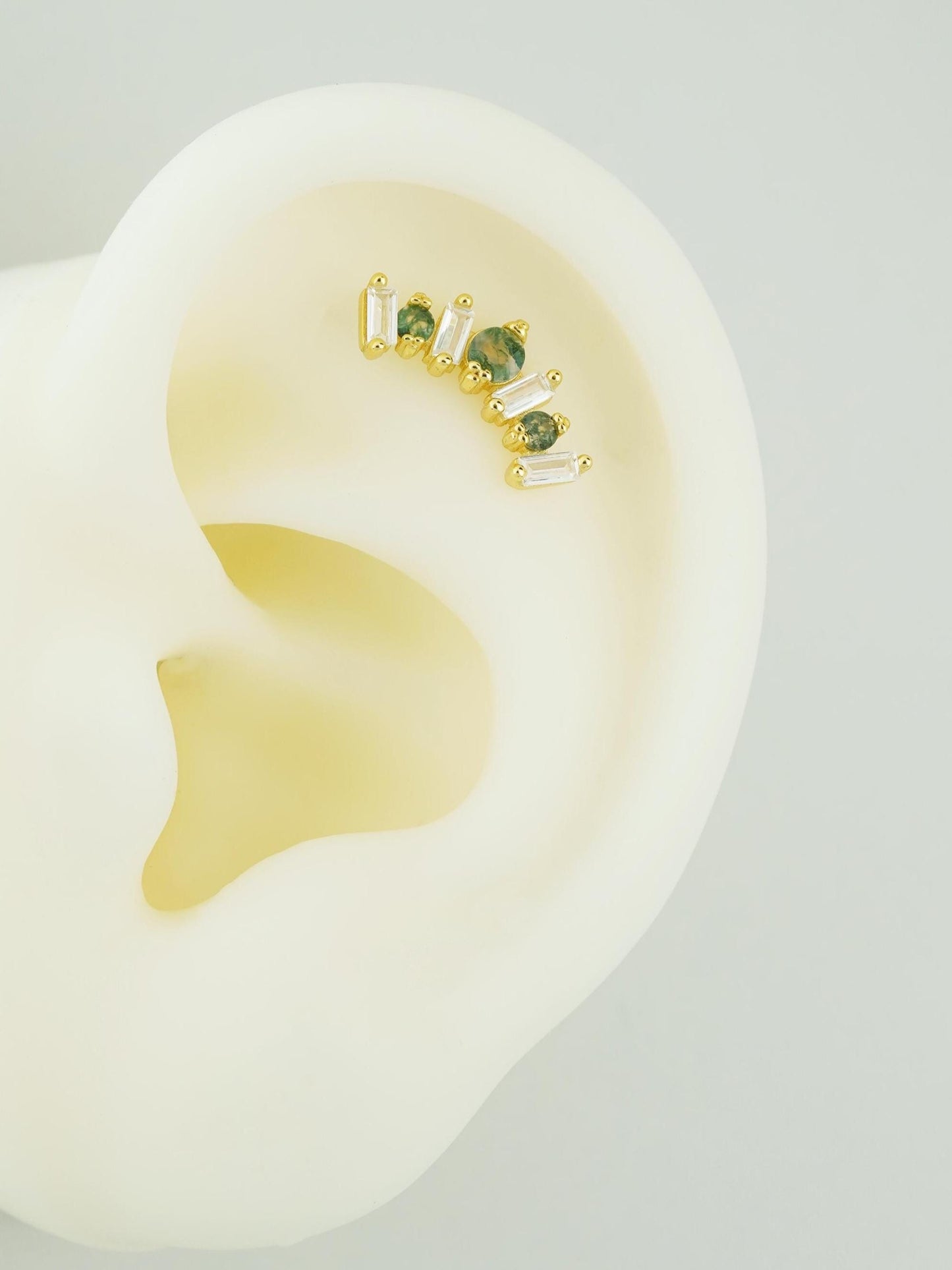 1 pc of Natural Green Moss Agate Crown Shape Flat Back Stud Earring in Gold Plated over Sterling Silver