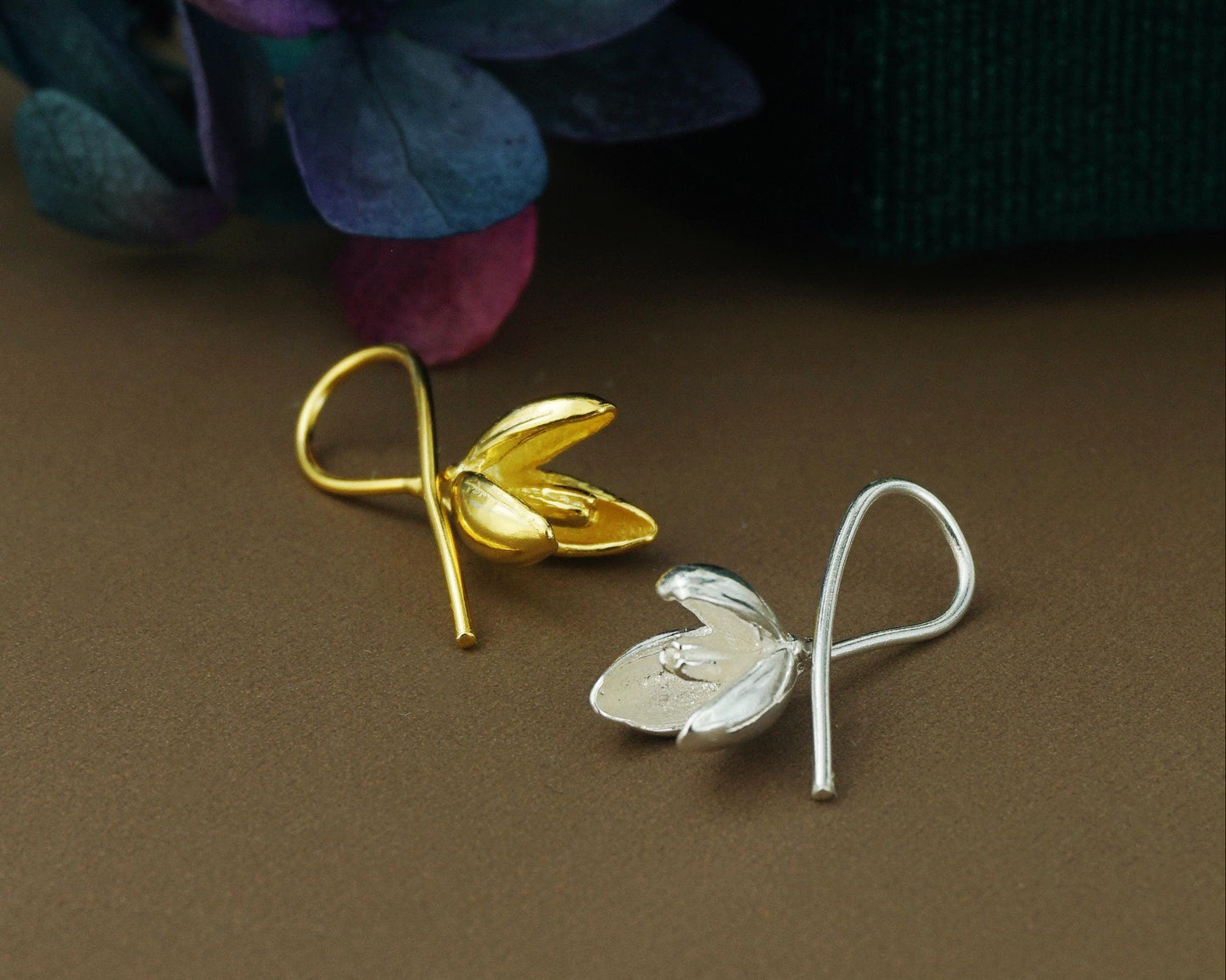 Pair of Snowdrop Flower Hook Earrings in Sterling Silver or Plated Gold