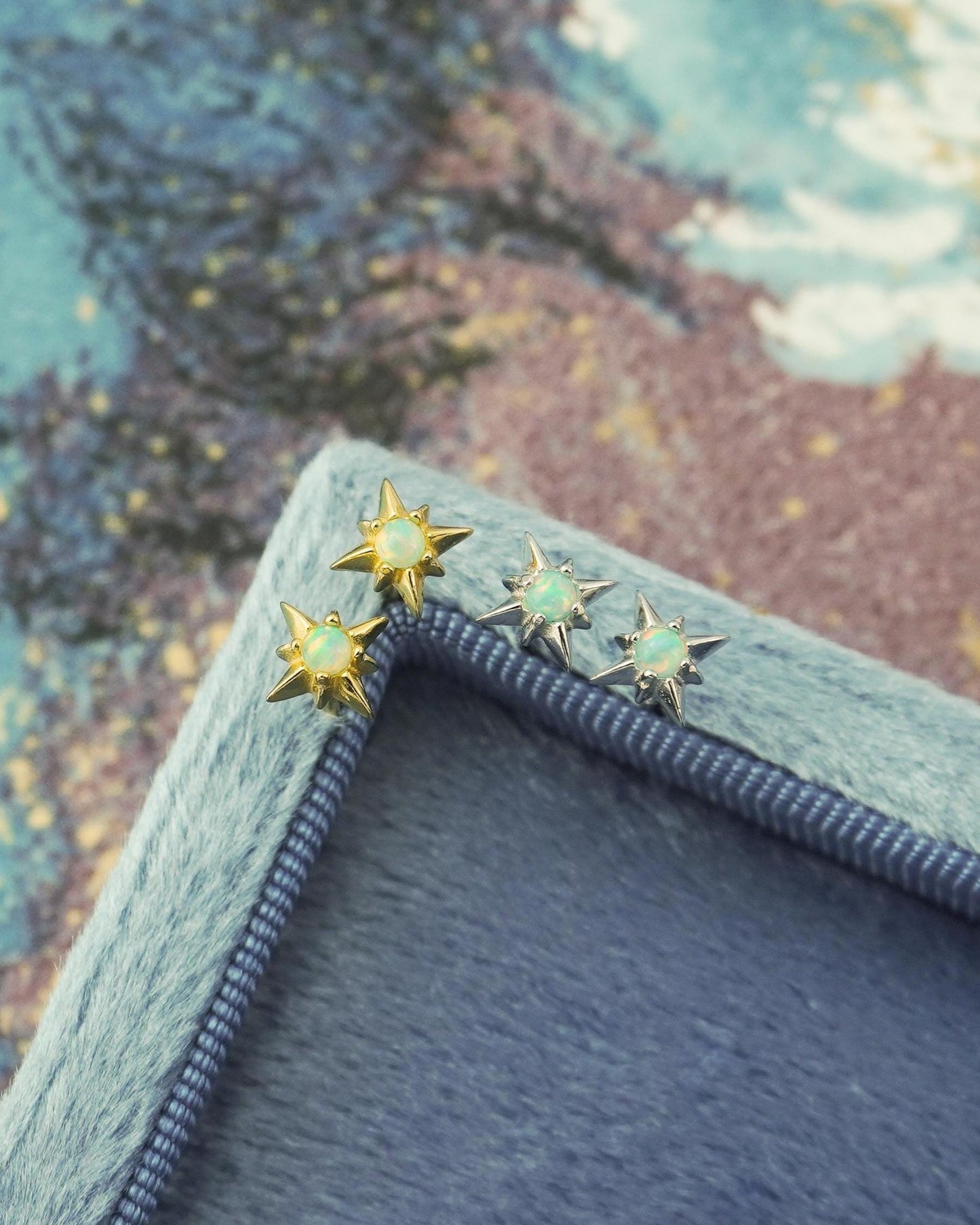 Pair of Starburst Stud Earrings in Sterling Silver or Plated Gold, Celestial Design with Blue Hue Fire Opal