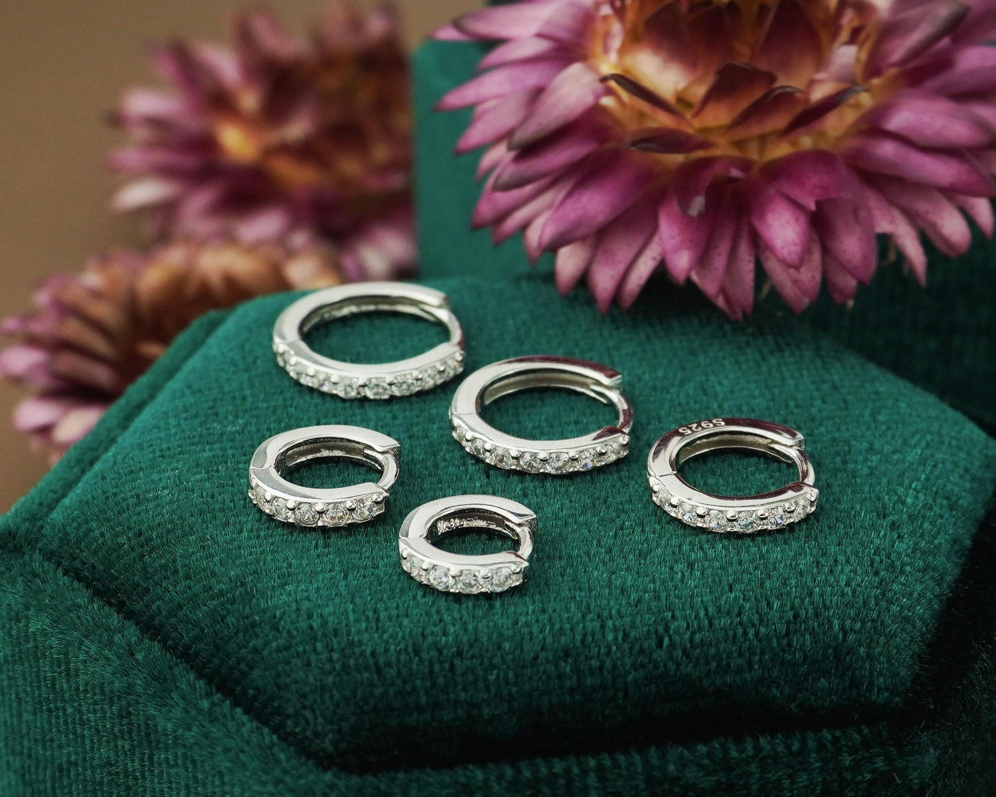 Pair of Skinny CZ Paved Huggie Hoop Earrings in 5 Sizes, Gold or Rhodium Plated Sterling Silver