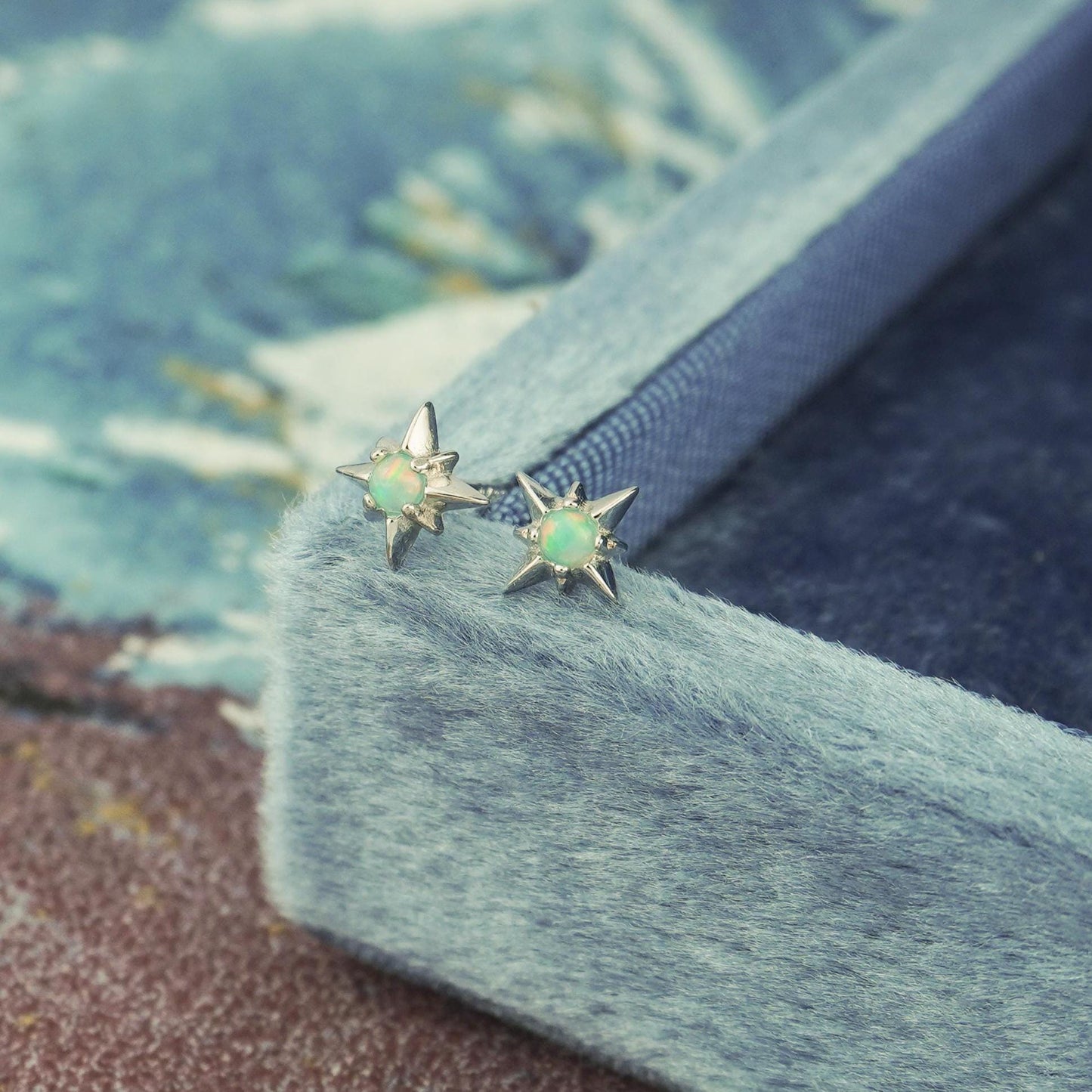 Pair of Starburst Stud Earrings in Sterling Silver or Plated Gold, Celestial Design with Blue Hue Fire Opal