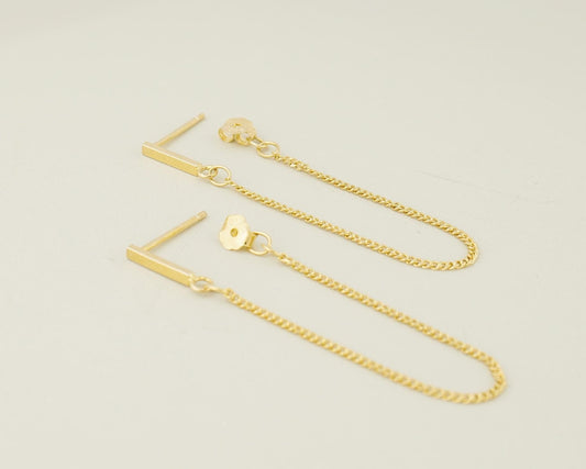 Skinny Bar Stud Earring with Long Dangling Front & Back Chain, 18ct Gold Plated over Sterling Silver, Minimal Geometric Ear Jacket