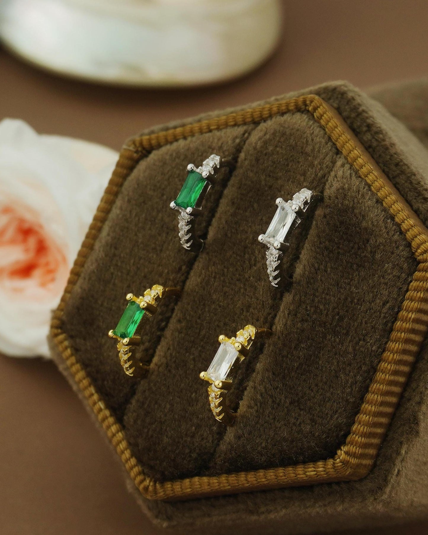 Pair of Baguette Emerald Green / Clear CZ Huggie Hoop Earrings in Sterling Silver or Plated Gold, Rectangular Gem Ear Jewelry