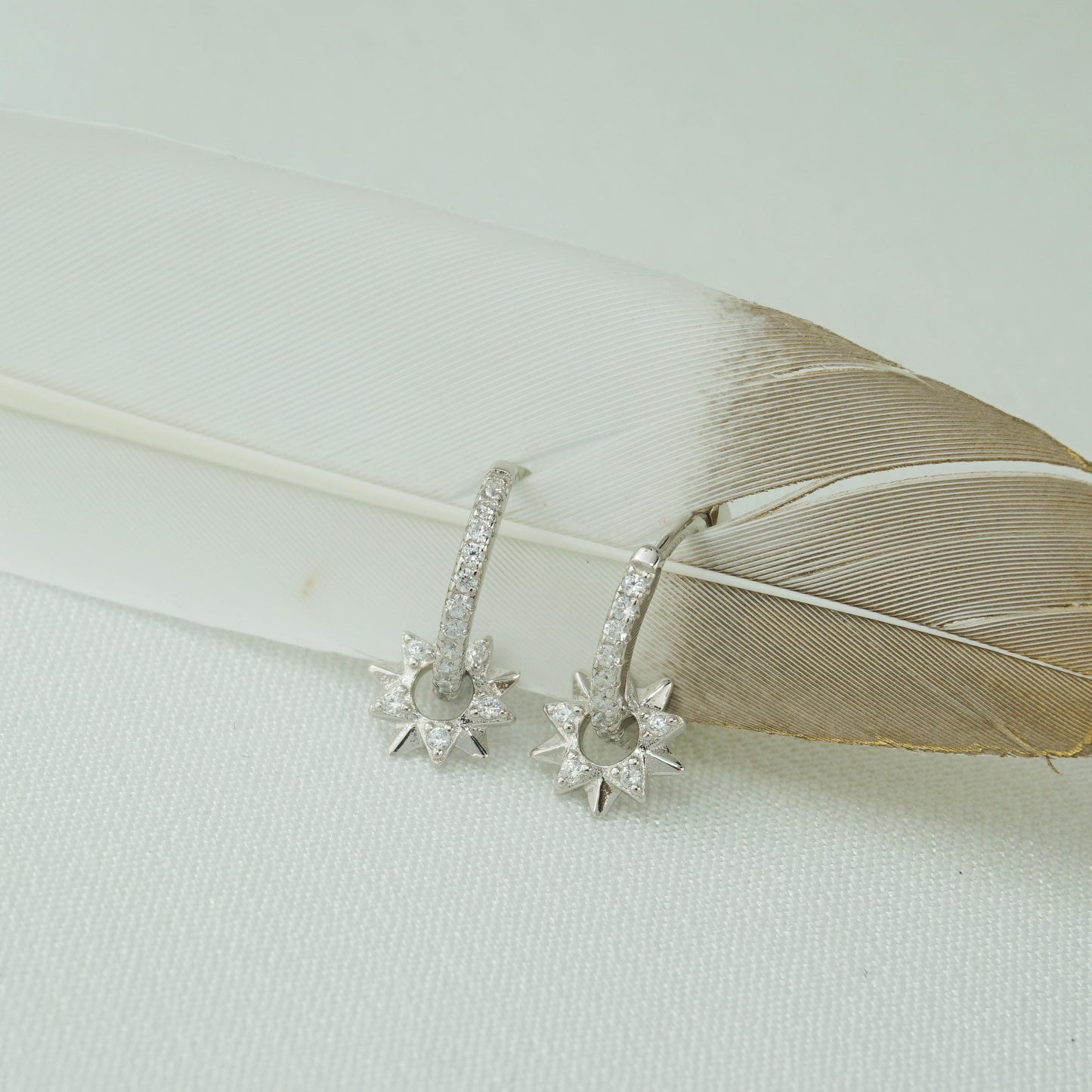 Pair of Sun Huggie Hoop Earrings in 925 Sterling Silver or Plated Gold, Sunburst Charm, CZ Paved Loop