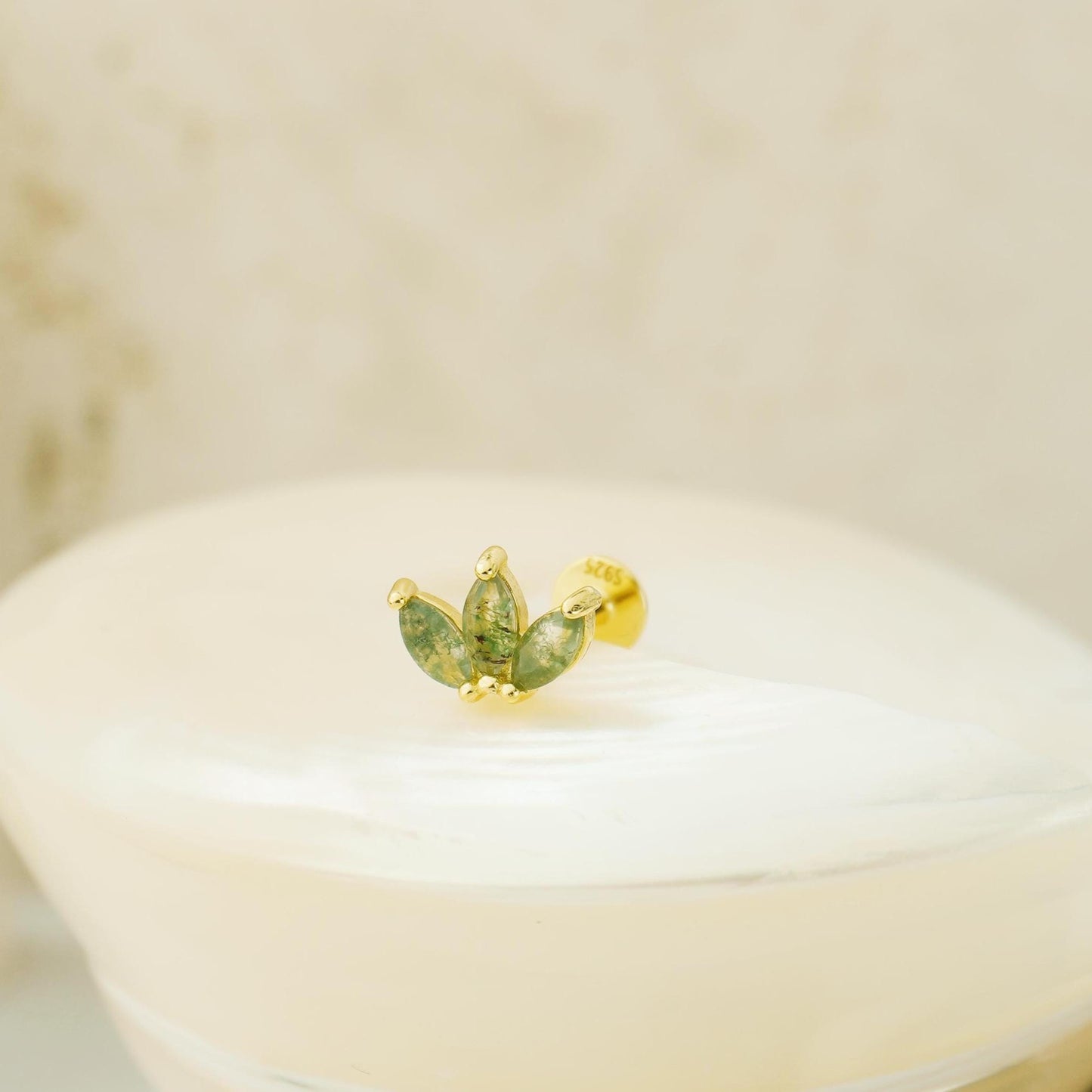 1 pc of Natural Green Moss Agate Triple Marquise Flat Back Stud Earring in Sterling Silver or Plated Gold