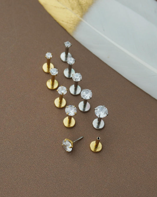 1 pc of Tiny Stainless Steel Push Pin CZ Crystal Stud Earring in Steel or Golden Finish, 5 Sizes Brilliant Round Gem