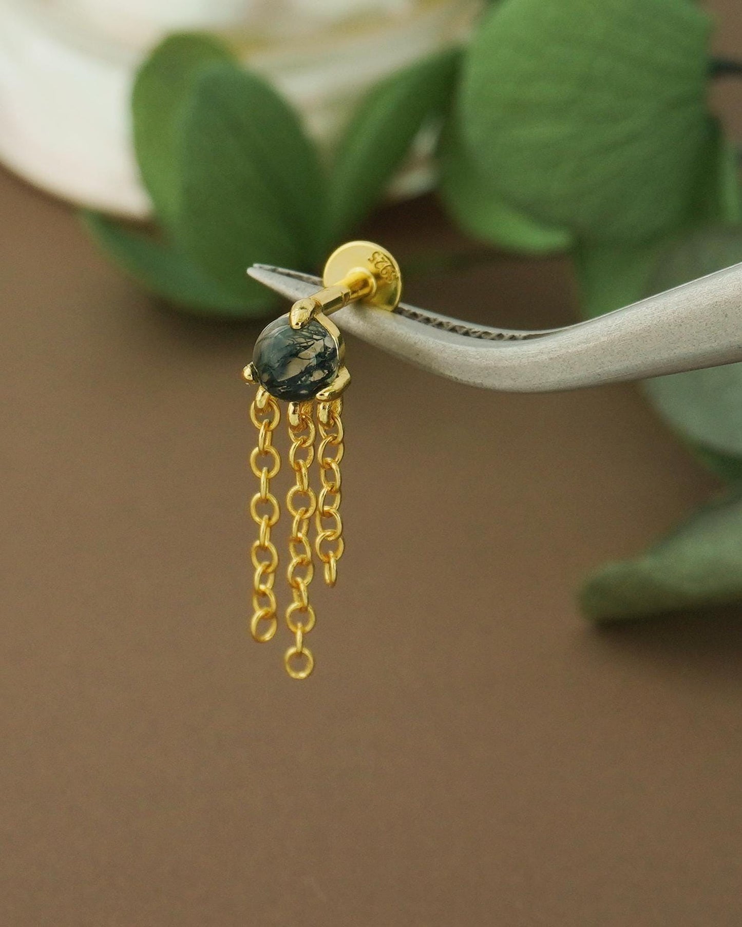 1 pc of Natural Moss Agate Cabochon with Dangly Chains, Flat Back Stud Earring in Sterling Silver /Plated Gold