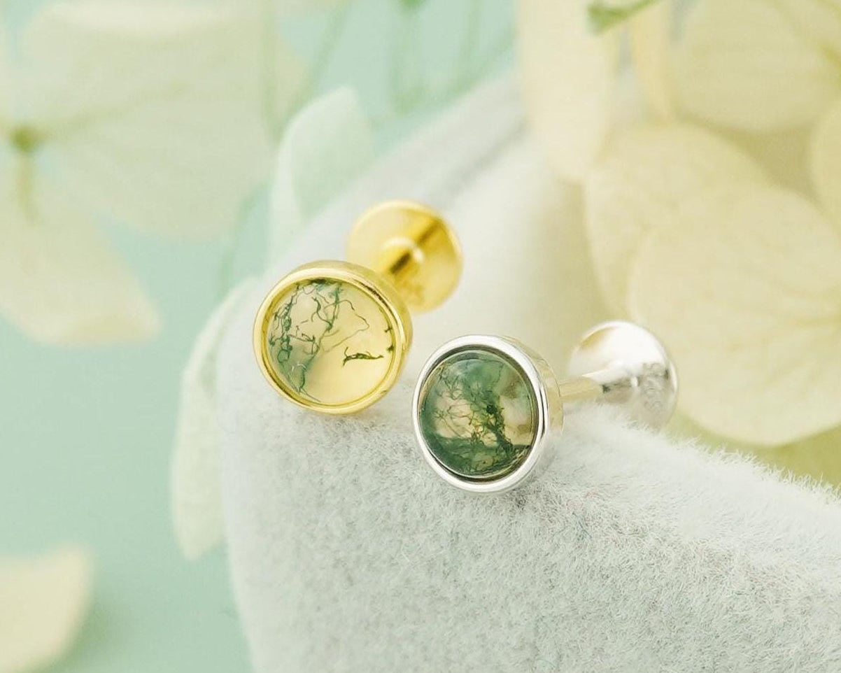 1 pc of Natural Green Moss Agate Cabochon Flat Back Stud Earring in Sterling Silver or Plated Gold, Dainty 5mm Bezel Ear Jewelry