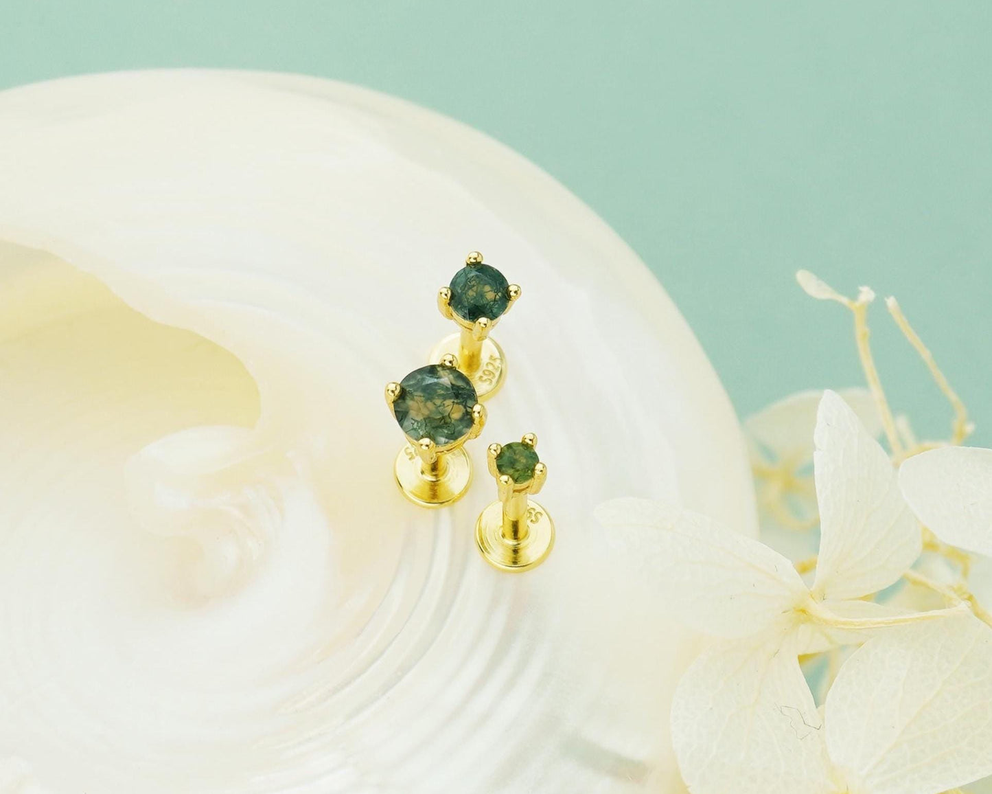 1 pc of Natural Green Moss Agate 4 Prong Solitaire Stud Earring in Gold Plated over Sterling Silver, Cartilage Helix Lobe Piercing