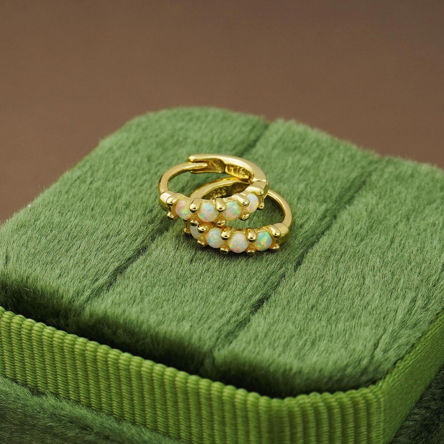 Pair of Elegant Opal Gemstone Huggie Hoop Earrings in Sterling Silver, 18ct Gold or Rose Gold