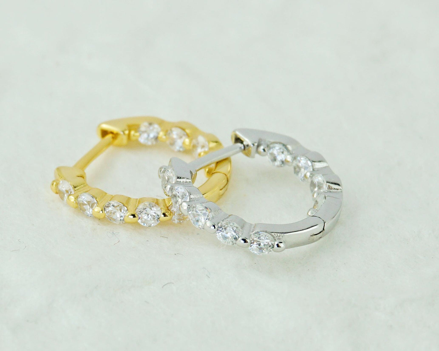 Pair of Sterling Silver Inside Out CZ Gemstone Huggie Hoop Earrings in Rhodium or 18ct Gold Plated