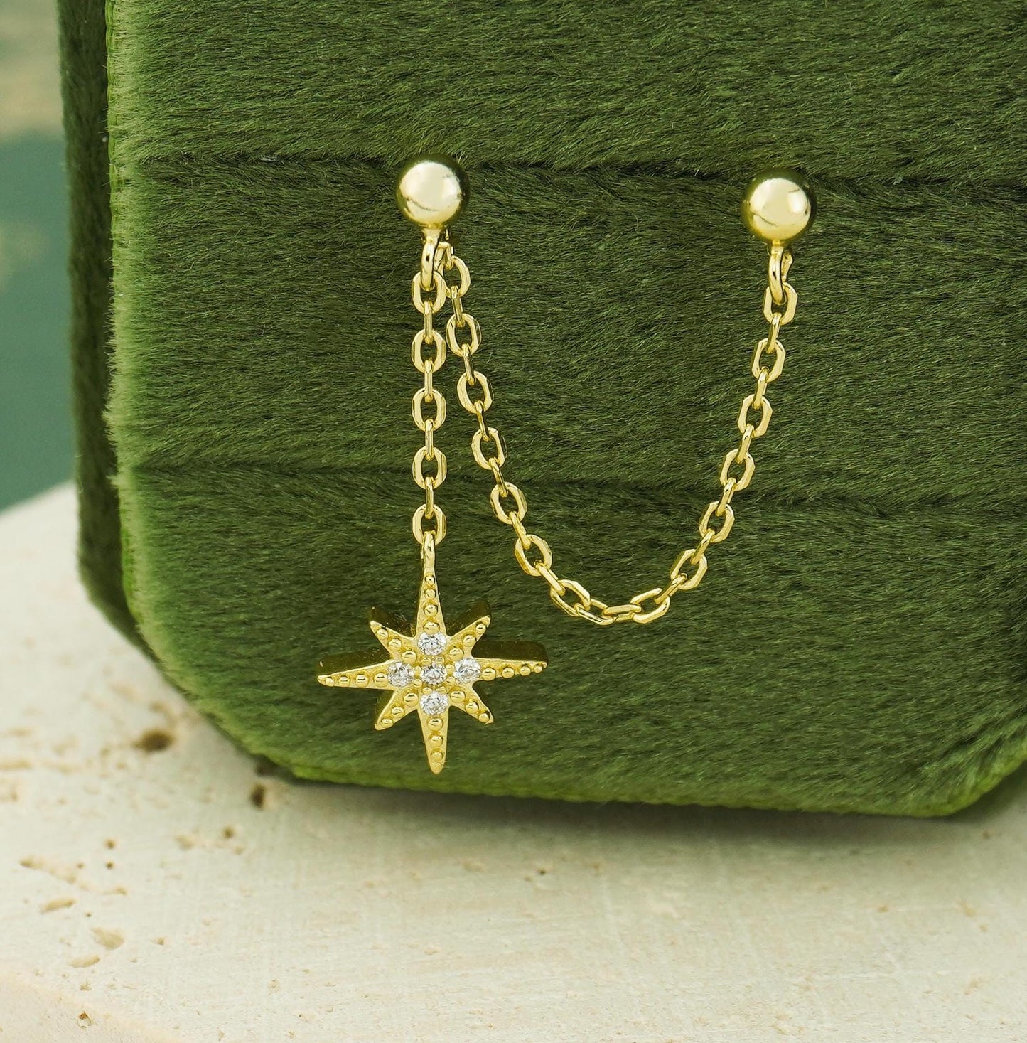1 pc of Starburst Stud Earring in Sterling Silver or 14ct Gold Plated, Dangly Sparkly CZ Star with Drop Chain