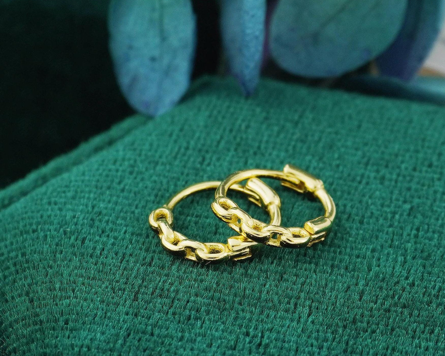 Pair of Tiny Snug Fit Chain Link Huggie Earrings in Sterling Silver or Plated Gold, Lightweight Hoops for Stacking