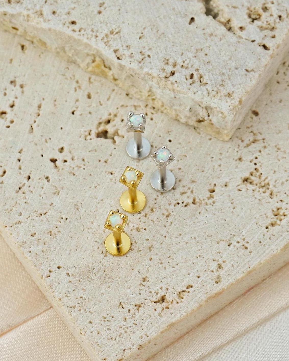 Pair of VERY TINY Opal Stud Earrings in Sterling Silver or Plated Gold, Tiny Gem Delicate Stacking Jewelry