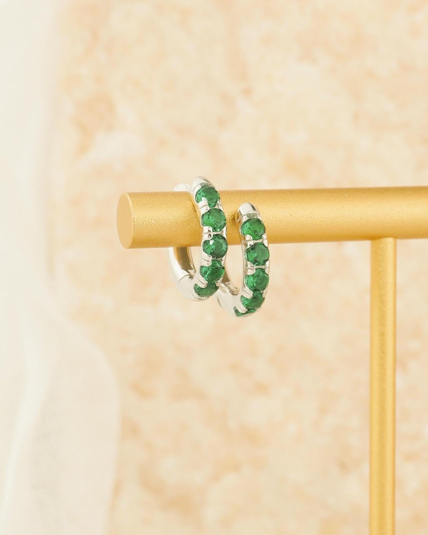 Pair of Emerald Green CZ Huggie Hoop Earrings in Sterling Silver or 18ct Plated Gold