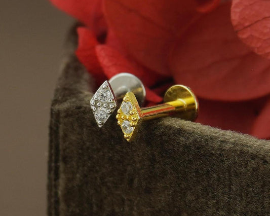 1 pc of VERY TINY Lozenge Rhombus Stud Earring with Double CZ Crystal in Sterling Silver or 18ct Gold Plated, Flat Screw Back