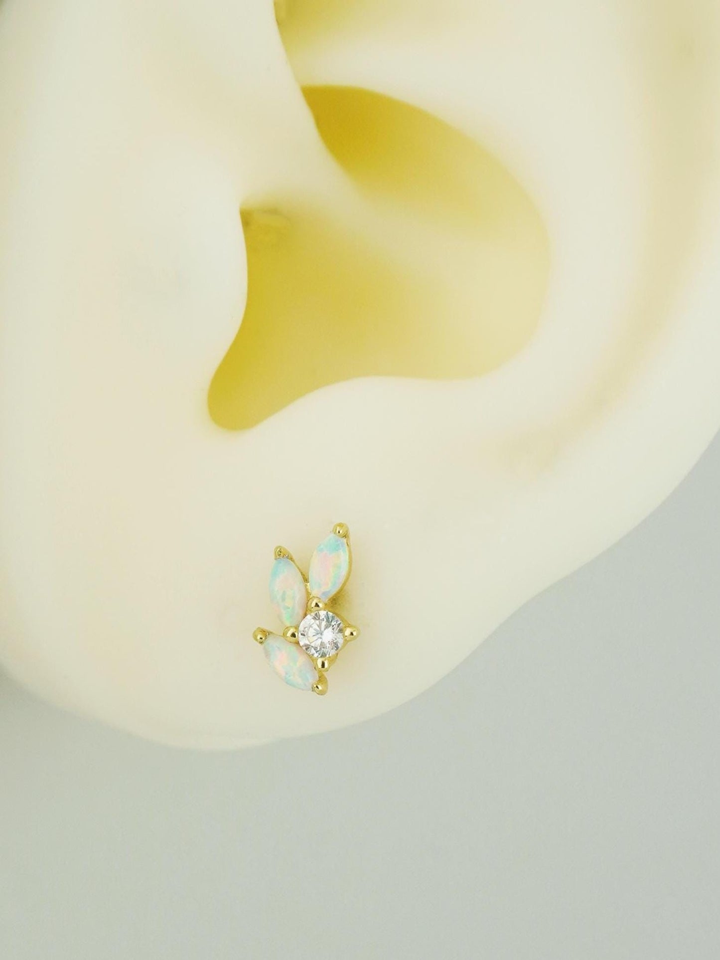 1 pc of Fire Opal Marquise Leaf & CZ Stud Earring in Gold Plated over Sterling Silver