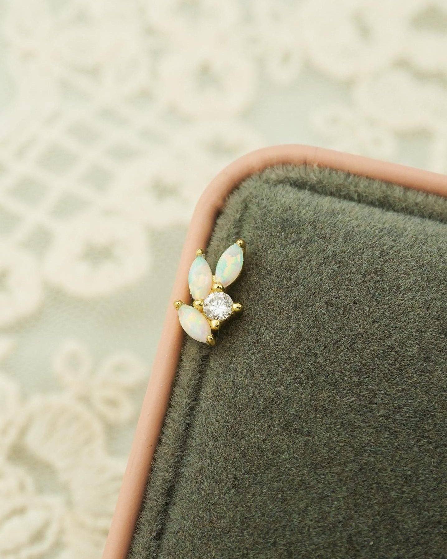 1 pc of Fire Opal Marquise Leaf & CZ Stud Earring in Gold Plated over Sterling Silver