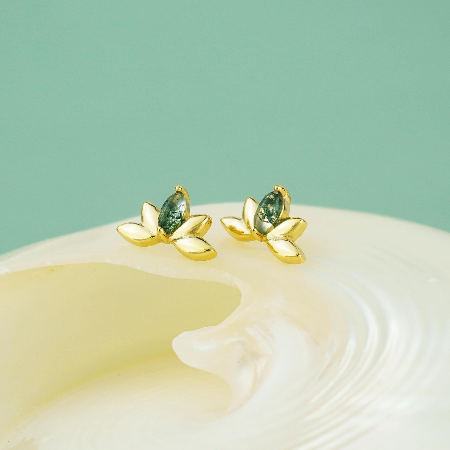 1 pc of Natural Green Moss Agate Marquise Crown Flat Back Stud Earring, Gold Plated over Sterling Silver