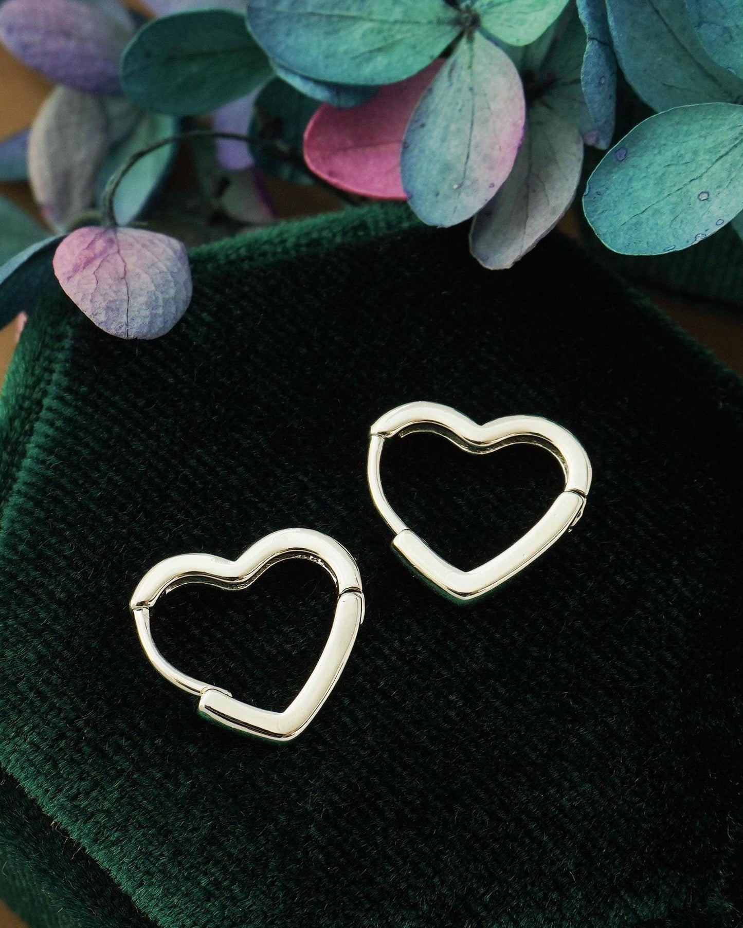 Pair of Minimal Love Heart Huggie Hoop Earrings in Brass Plated with Rhodium, Gold, Rose Gold