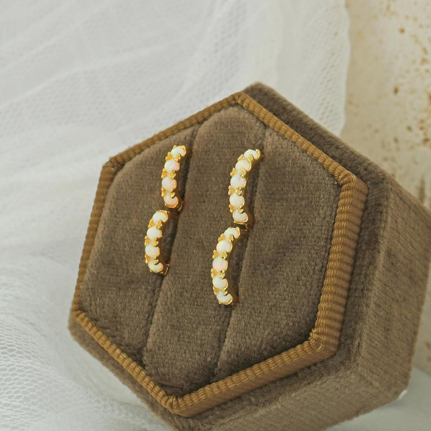 Elegant Opal Gemstone Huggie Hoop Earring in 2 Sizes, Sterling Silver Plated with 18ct Gold