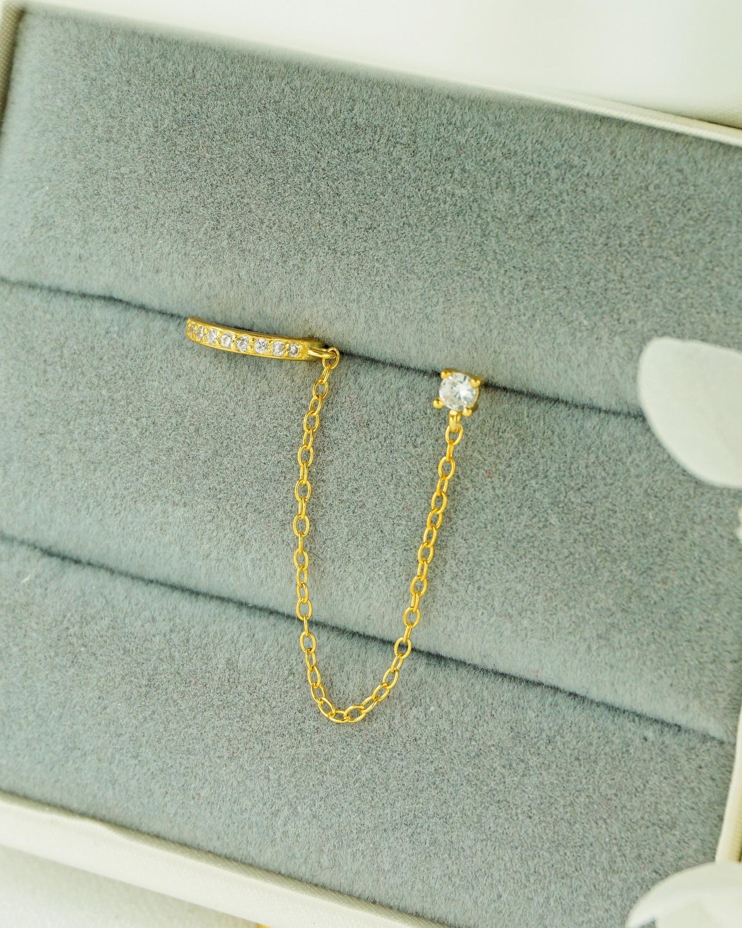 1 pc of Sterling Silver Stud Ear Cuff Earring in Silver or Plated Gold with Dangly Drop Chain, CZ Paved Dainty Earcuff