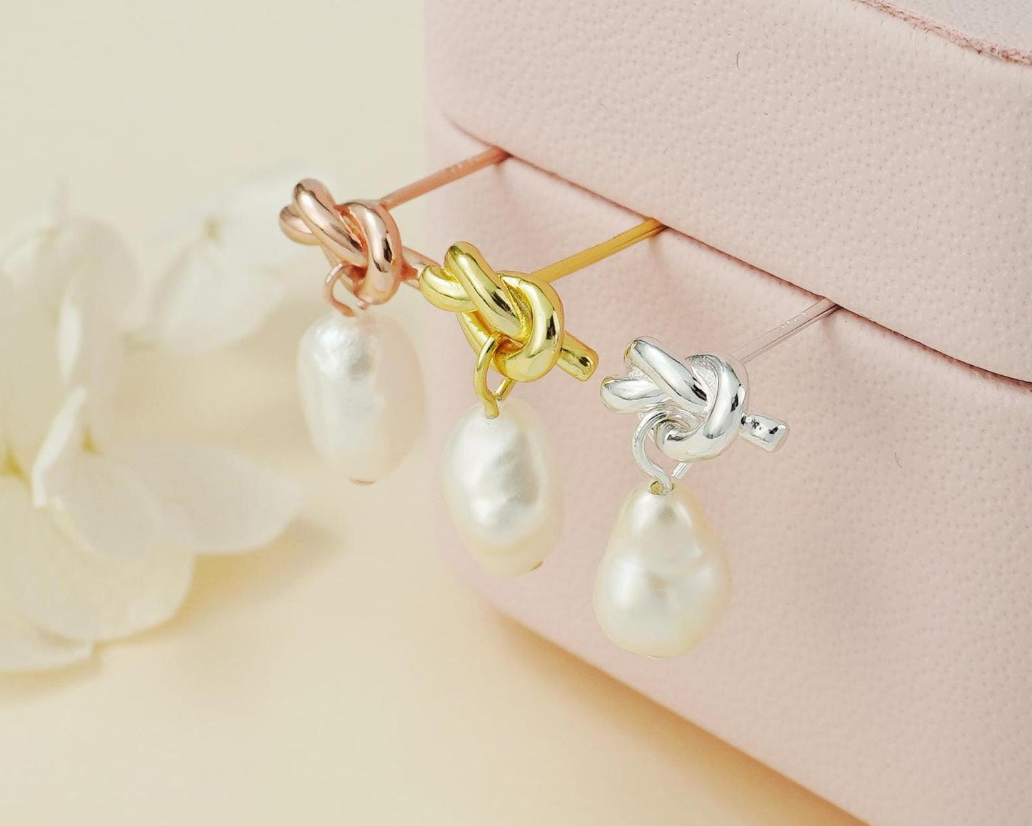 Pair of Natural Freshwater Baroque Pearl Stud Earrings in Sterling Silver, Rose or 18ct Gold Plated, Love Knot Wedding Bridesmaid Gift