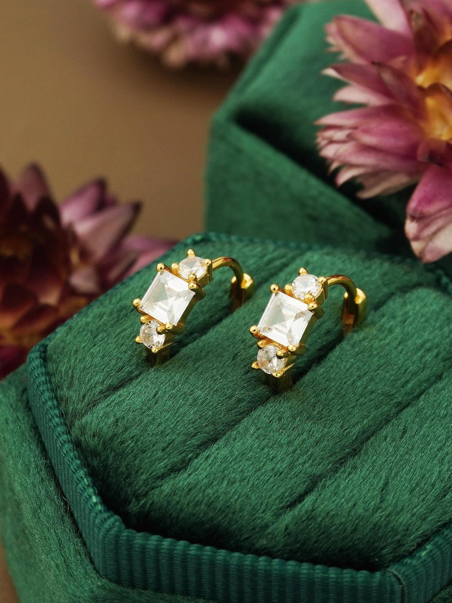 Pair of Square CZ Huggie Hoop Earrings in Sterling Silver or 18k Gold Plated, Elegant Sparkly Princess Cut Design