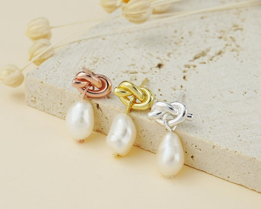 Pair of Natural Freshwater Baroque Pearl Stud Earrings in Sterling Silver, Rose or 18ct Gold Plated, Love Knot Wedding Bridesmaid Gift