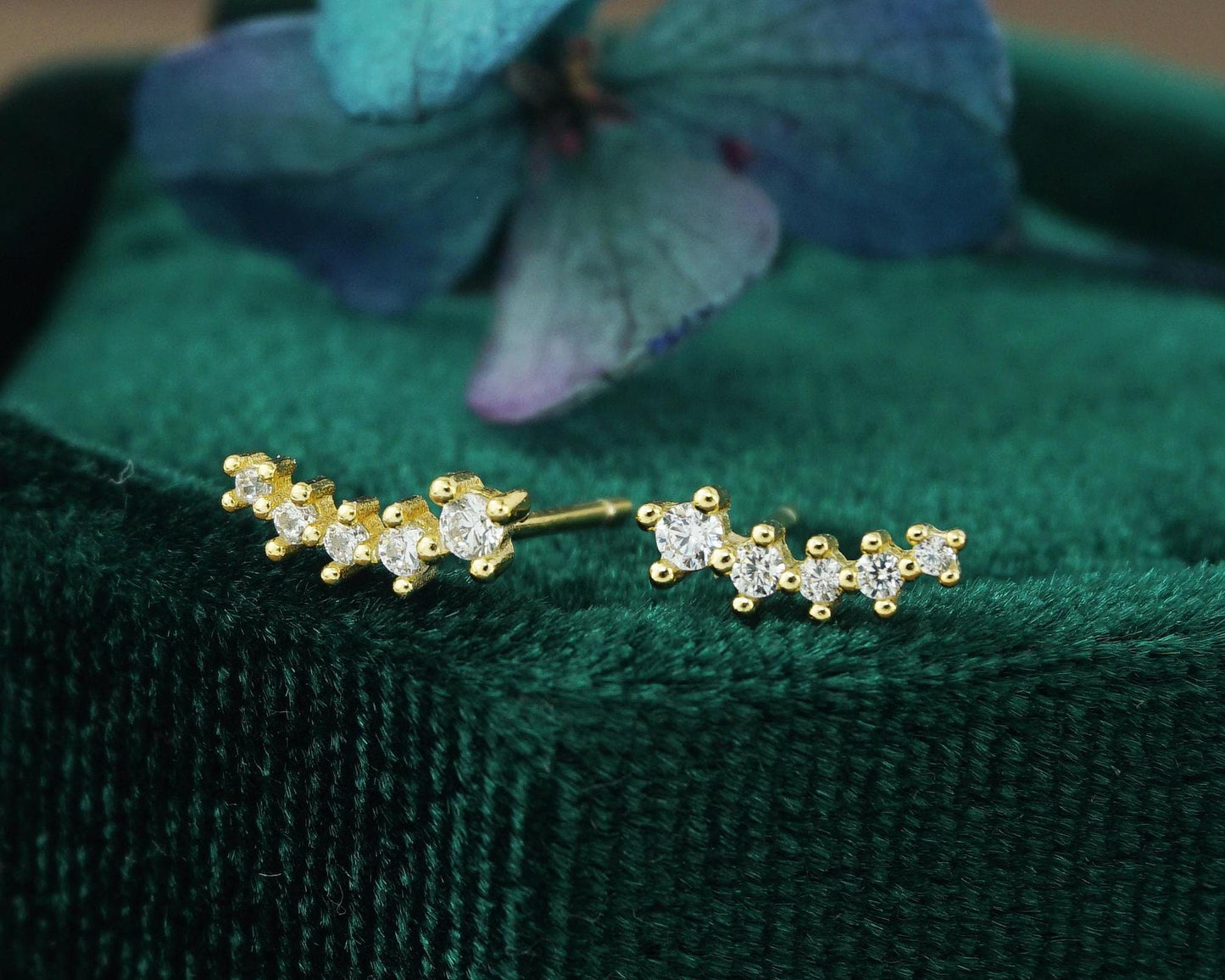 Pair of Sterling Silver 5 CZ Stud Earrings in Rhodium, Rose Gold or 18ct Gold Plated, Sparkly Star Climber