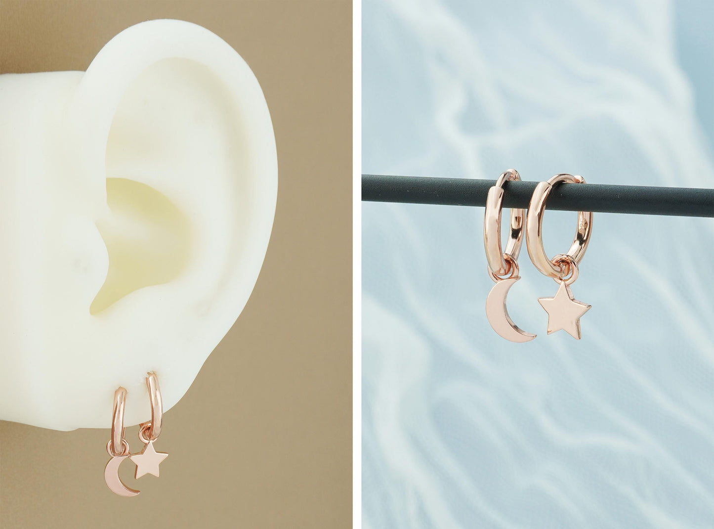 Pair of Dangly Star & Crescent Moon Huggie Hoop Earrings in Sterling Silver, Gold or Rose Gold Plated